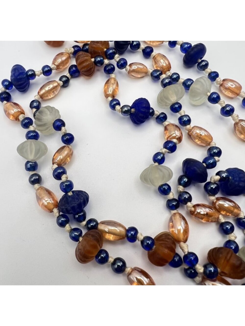 Vintage Hand Knotted Glass Bead Necklace 36" Cobalt Blue Amber Frosted White - Picture 7 of 8